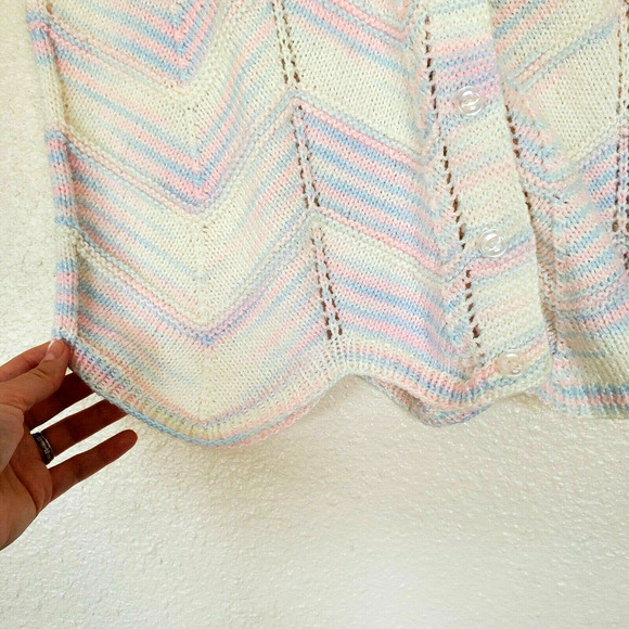 Vintage Handmade Sz L Pastel Knit Button Up Short Sleeve Grannycore Cardigan - Picture 4 of 6